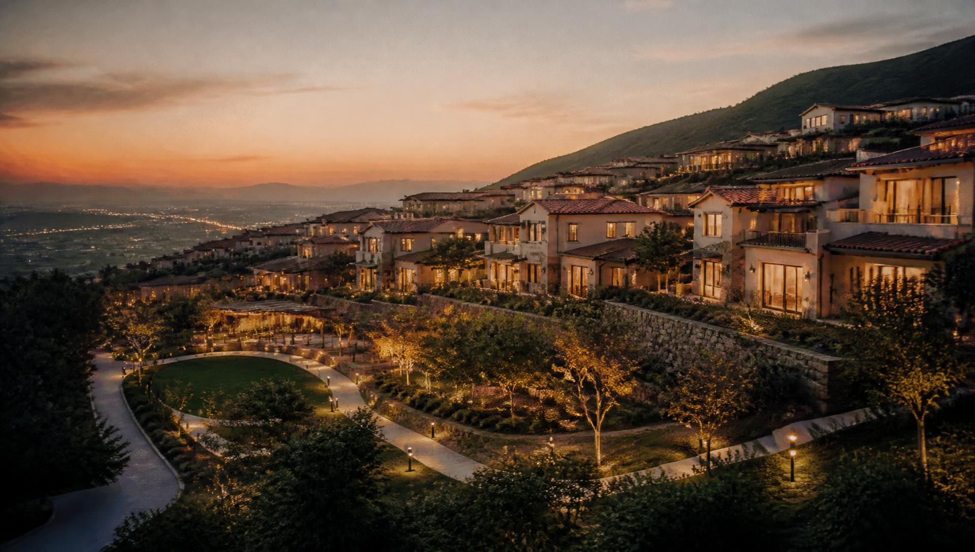 A hillside master-planned community with lit walking paths and a park at dusk