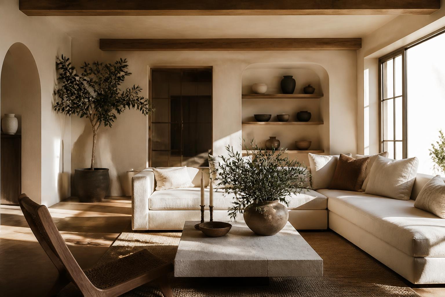 A warm minimal living room with plaster walls, oak beams and linen seating