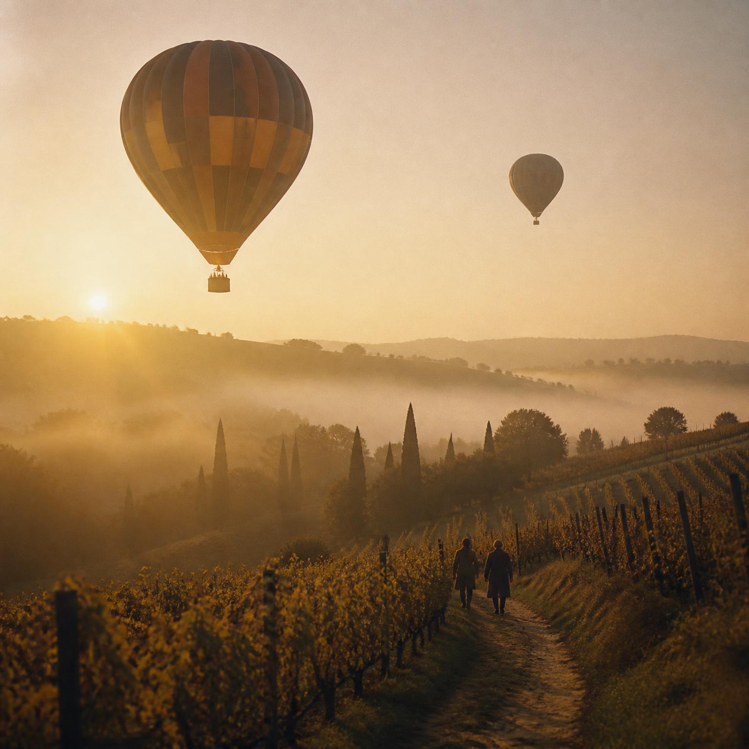 Hot air balloons drifting over misty vineyard hills at sunrise
