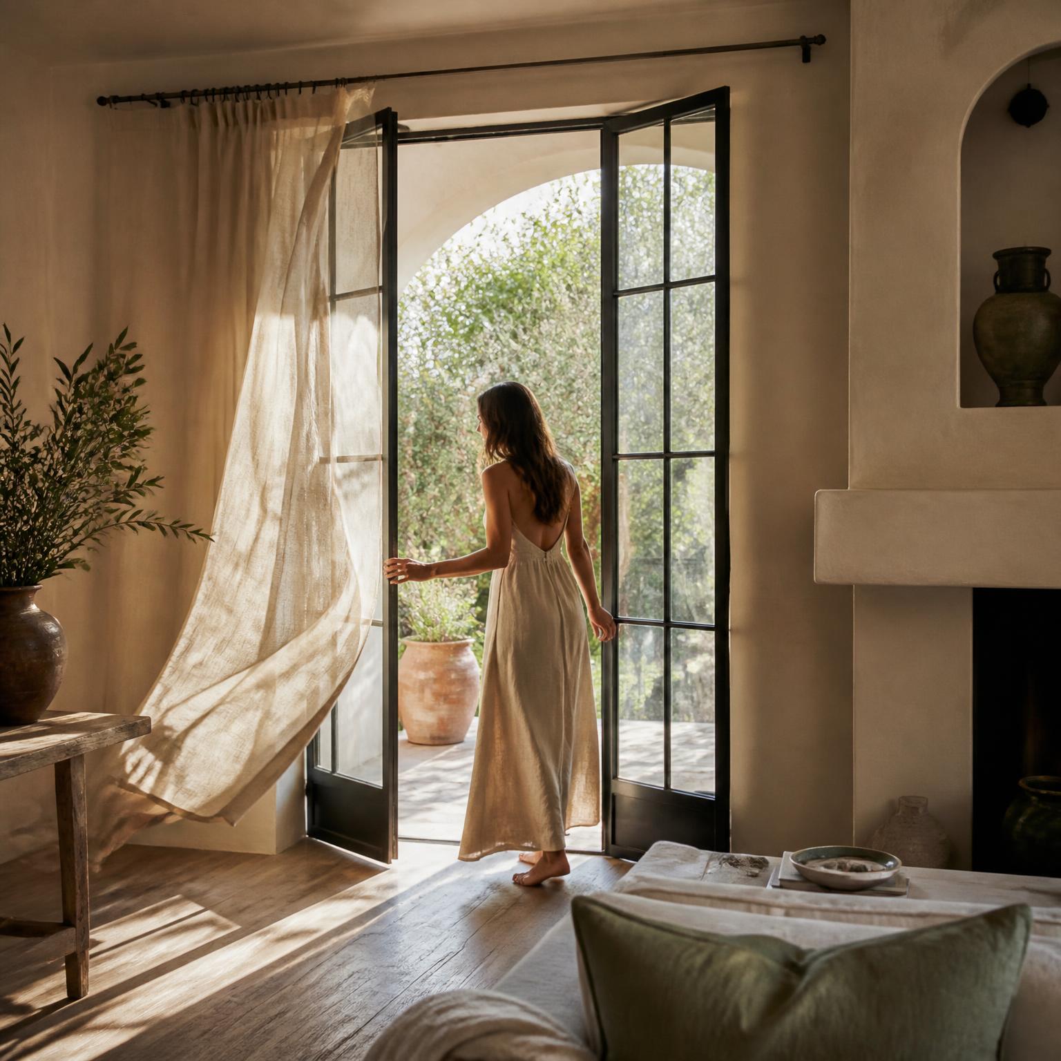 A woman opening French doors onto a garden in a warm plaster-walled California home