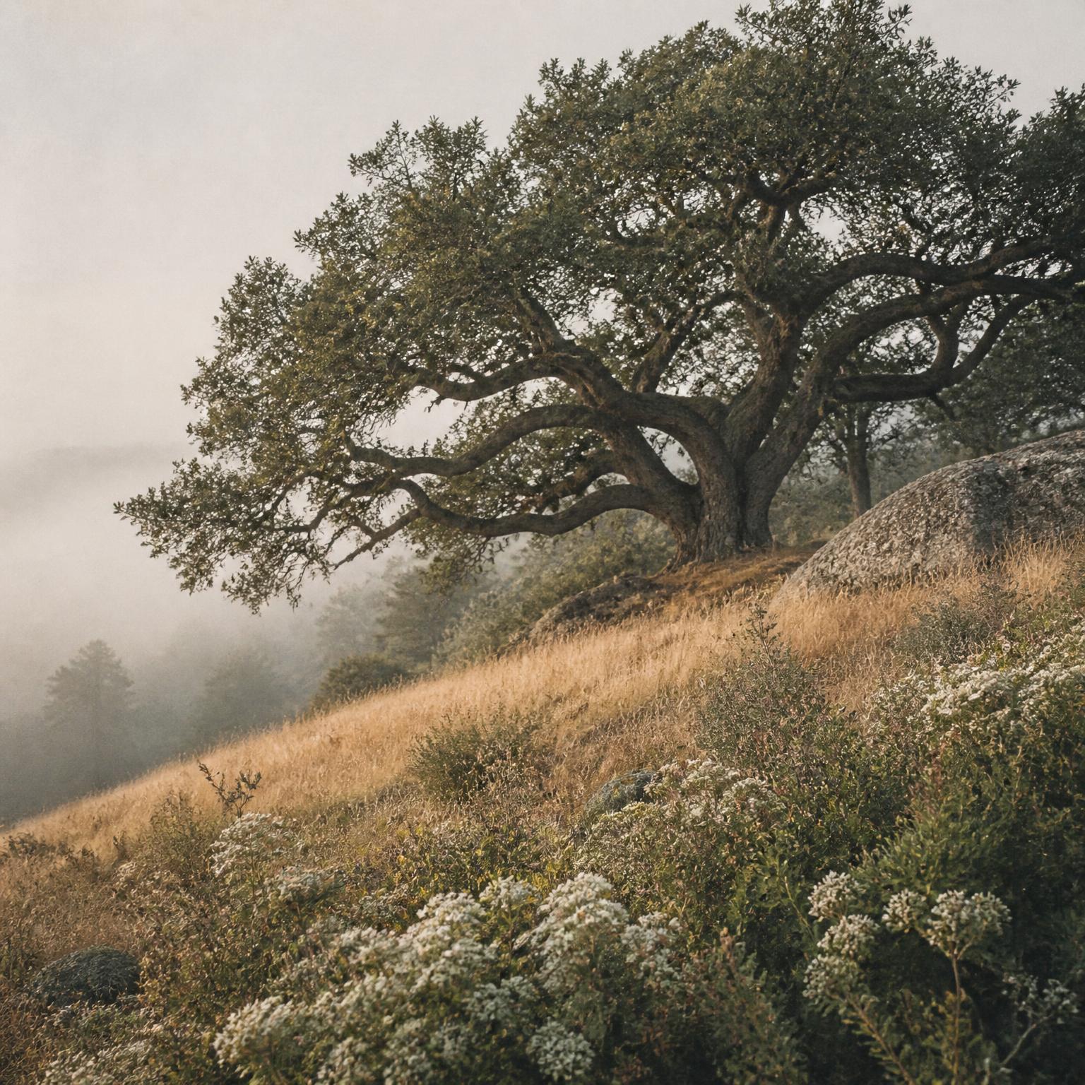 An ancient oak on a hillside of golden grasses and wildflowers in morning fog