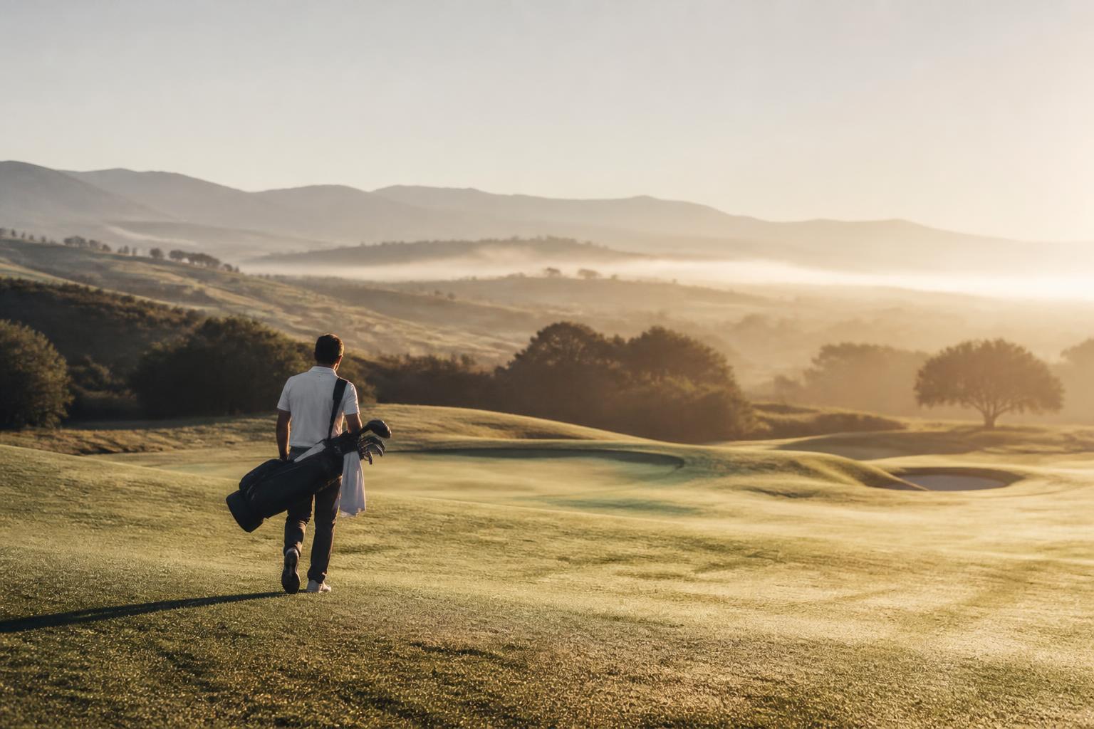 A golfer walking a misty fairway at sunrise in the Temecula hills
