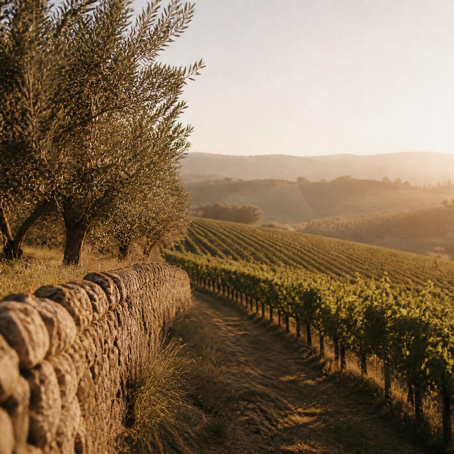 Rolling vineyard rows and olive trees beside a stone wall at sunrise