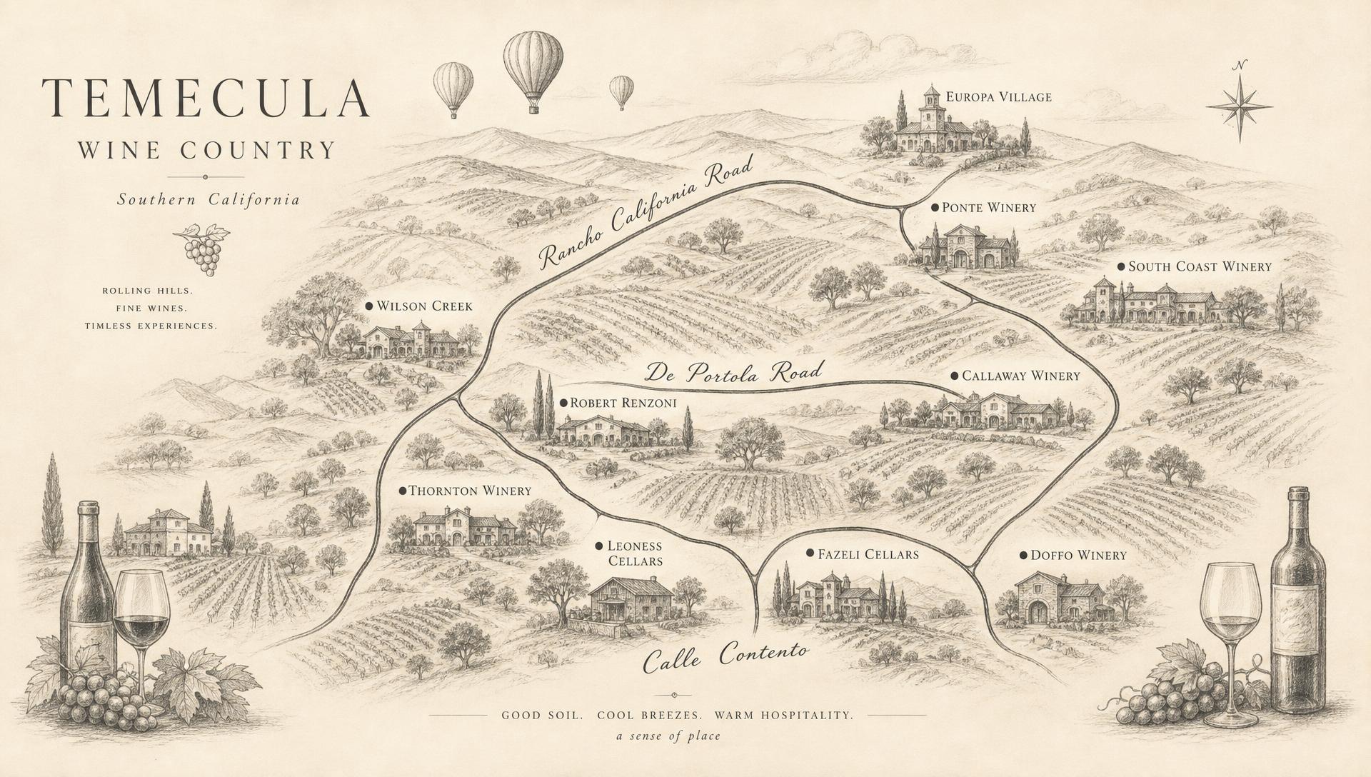 An illustrated editorial map of Temecula Wine Country with hand-drawn vineyard rows, rolling hills, oak trees, hot air balloons, and noted wineries connected by winding roads