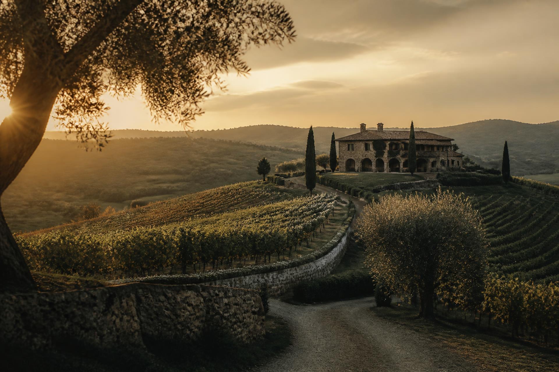 Golden-hour light over a vineyard estate in the hills