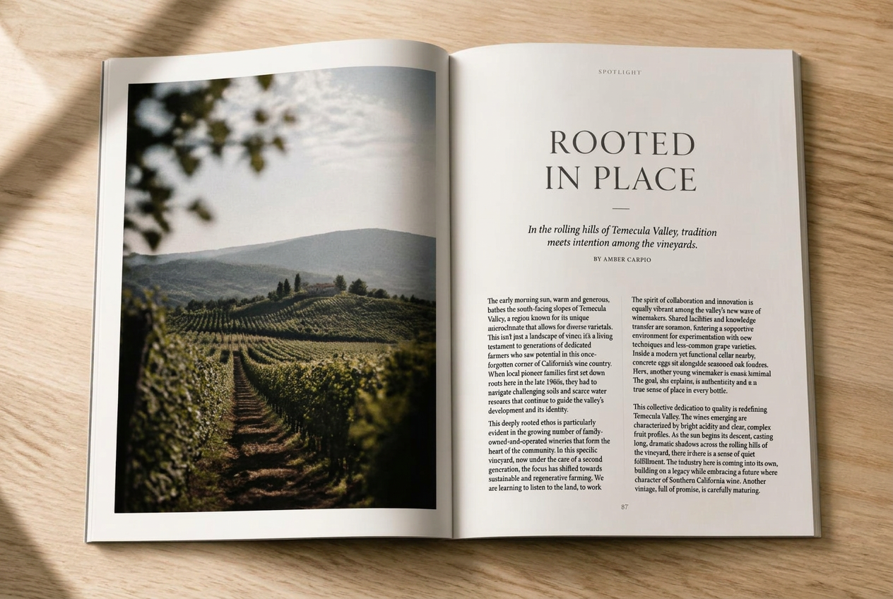 THE EDIT lying open on an oak table, showing an interior feature spread with a full-page vineyard photograph